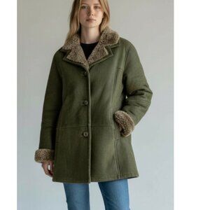 Olive Green Shearling-Lined Women's Coat